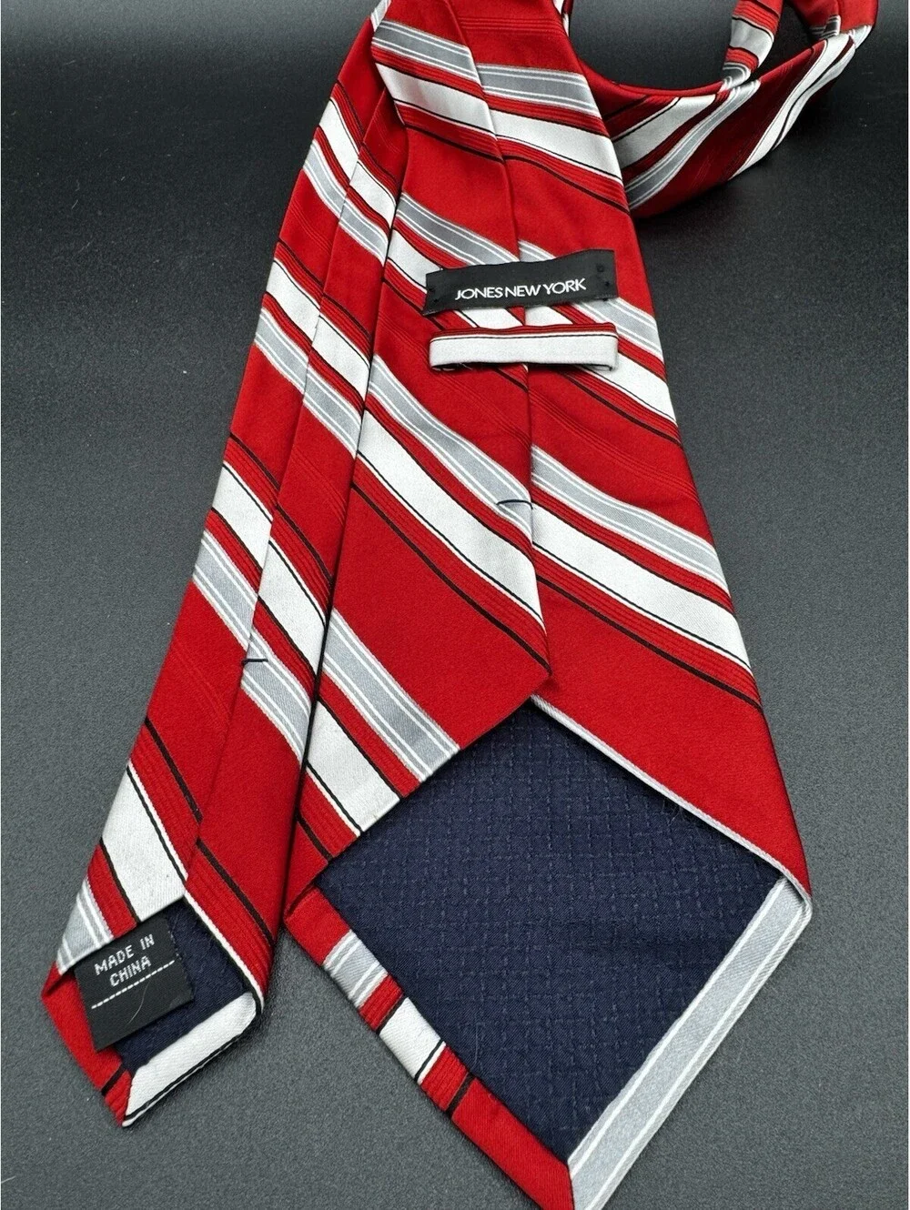 Jones New York Silk Tie Red White Gray Striped Wide 60”x4” Teacher Preppy School